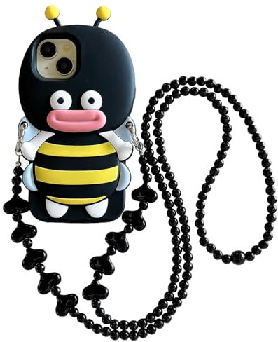 QoKcoahn Coque pour iPhone 14 Pro Max, Coque de téléphone 3D Kawaii mignonne avec bouche de dessin animé d'abeille et de saucisse avec long cordon perlé, coque en silicone souple et gel de protection