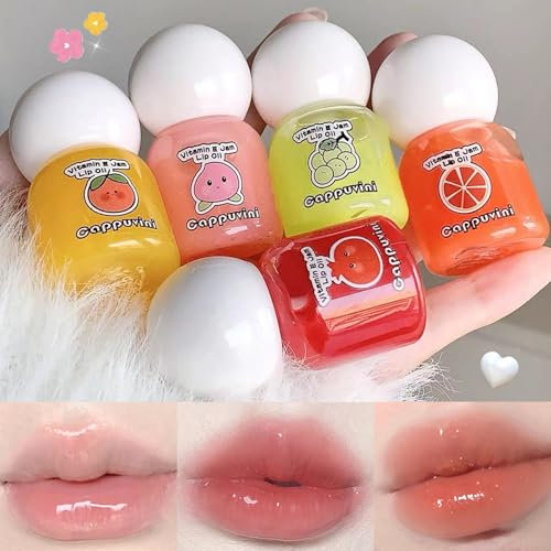5 Colors Hydrating Lip Gloss Set, Fruit Flavored Lipgloss Moisturizing Lip Stain Plumping Cute Lipstick, Water Lip Gloss Waterproof Long Lasting Tinted Glossy Lip Make-up for Girls and Women