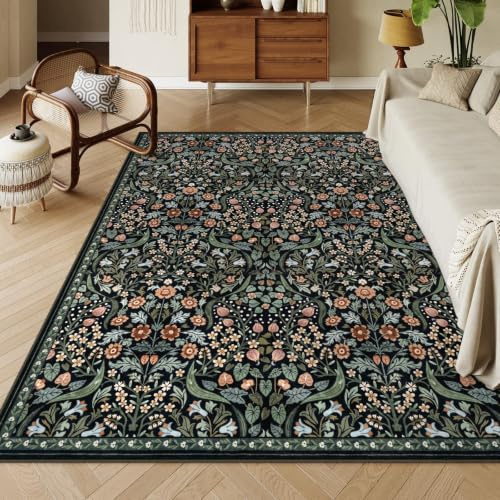 Moynesa Waschbare Teppiche mit Blumenmuster, 20,3 x 25,4 cm, weicher großer Boho-Schlafzimmerteppich, botanisch, rutschfest, ultradünn, Bodenteppich für Esszimmer, Kinderzimmer, Büro, Schwarz