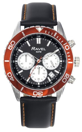 Ravel Plus - Silberfarbene Herren-Chronographen-Sportuhr (42 mm) mit Unidirektionaler Drehbarer Lünette - 50m Wasserdicht - Japanischer Analogquarz - RP.CHR.006M - Schwarz/Orange Lünette