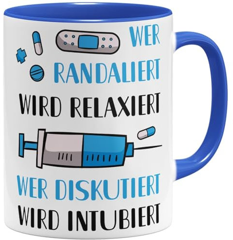 OM3® witzige Kaffee-Tasse mit Spruch - Wer randaliert wird relaxiert, wer diskutiert wird intubiert - Keramik Becher - 325ml - Beidseitig Bedruckt - Blau