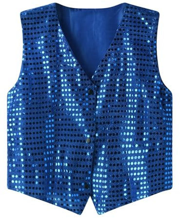 Foweknow Men's Sequin Suit Vest Sleeveless Glitter Vest Rave Disco Outfit Shiny V Neck Gilet for Wedding Party Dance Costume Carnival Costume Clubwear Streetwear, blue, XL
