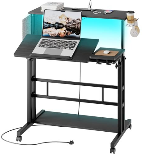 Dripex Standing Desk with Power Outlets & Strip Lights, Height Adjustable Rolling Desk with Tilting Table Top, Sit-Stand Workstation with Wheels, Cup Holder, Hook, Storage Bag, 80 x 60 cm