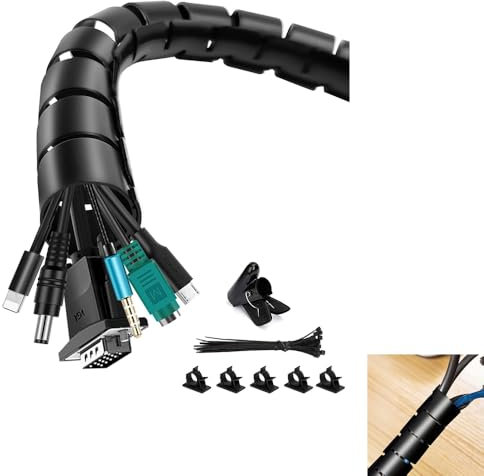 Cable Management Sleeve, 3m/9.8ft Wire Sleeve with 20pcs Zip Ties, 5 Adhesive Cable Clips, 1 Wire Guide Clip, ∅0.63/16mm+∅0.87/22mm Cable Tidy Tube Wire Organizer for TV PC Home, Black