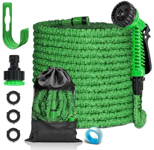 FASCINATDECO Tubo per acqua da giardino, 7,5 m, estensibile – Tubo da giardino con pistola a spruzzo a 7 modalità, tubo per irrigazione con raccordi da 1/2 e 3/4