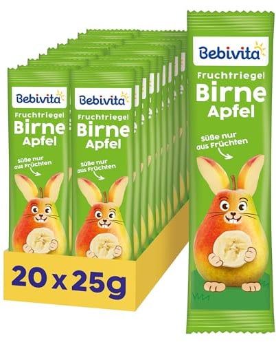 Bebivita Fruchtriegel Birne-Apfel (20 x 25g), Süße nur aus Früchten, perfekter Snack für zwischendurch, aus streng kontrollierten und ausgewählten Zutaten