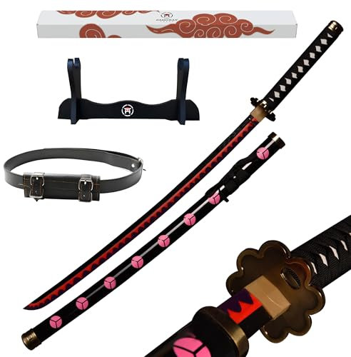 Hashiman – Katana One Piece – Manga Schwert + Schwerthalter Holz + Gürtel – Samurai Catana Cosplay Anime - Holzschwert Kinder Erwachsene – Ninja Deko Kostüm Säbels (Roronoa Zoro Shusui)