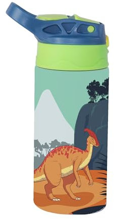 Docliick - Botella agua Acero Inoxidable niños. Térmica 350ml.Botella con dibujos originales exlusivos. Botella Niños colegio pajita. (19.Tres Dinosaurios)