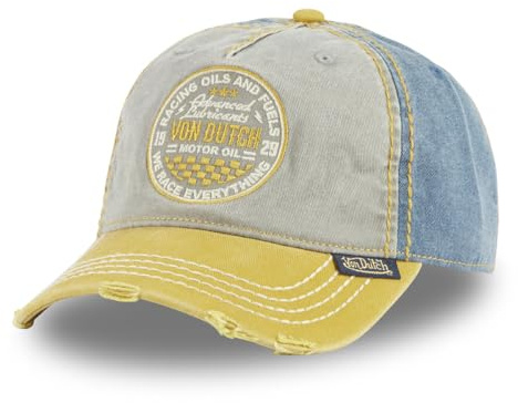 Von Dutch Baseballkappe für Erwachsene, vorne, mit Stickerei, Used-Look, Retro Skull, Gelb/Grau/Blau, One size