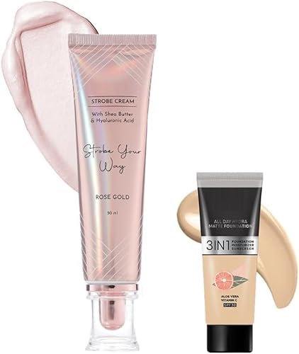 Ros.e Glow Kit | Rose Gold Strobe Cream (30Ml) + Absolute Ivory All Day Hydra Matte Mini Medium Coverage Foundation (15Ml) | Makeup Kit For Women (Combo Pack Of 2)