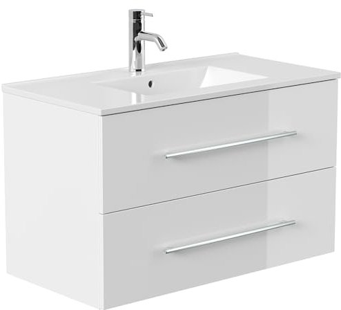 Lomadox Bad Badezimmer Gästebad Waschplatz Waschtisch Waschtisch 90 cm in weiß Hochglanz