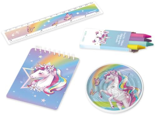 amscan 16-teiliges Mitgebsel-Set * UNICORN DREAMS * für Mottoparty und Kindergeburtstag mit Notizblock, Lineal, Wachsmalstifte und Labyrinth-Puzzle | Einhorn Mädchen Regenbogen Party Geburtstag