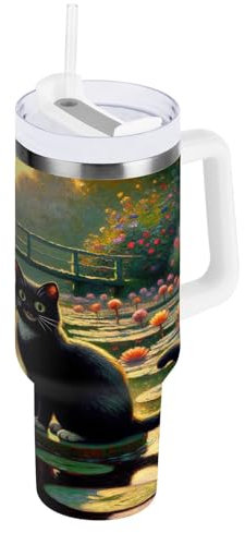 RPLIFE Black Cat Water Lilies Trinkglas, Edelstahl, mit Strohhalm, 1,2 l