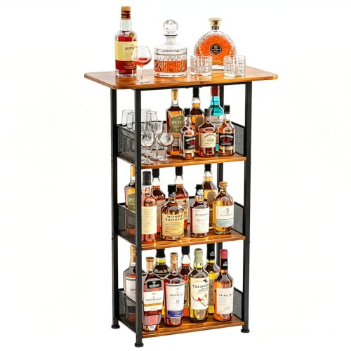 Eyteenokk Weinregal, freistehend, 4 Etagen, Whiskey-Weinregal, Mini-Barwagen, Likörschrank, Hausbar für Flaschen, Cocktail-Shaker, Tassen (59,9 x 30 x 101,6 cm)