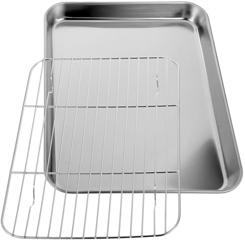 VALICLUD Stainless Steel Drain Baking Tray Set with Wire Rack - 2 Piece Oven Tray for Baking Frying and Roasting Easy Clean Perfect for Outdoor BBQ and Picnics