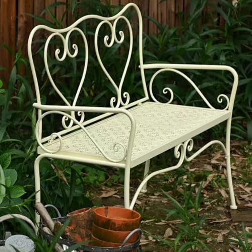 JINGSHIQIAOPL Romantische Herz Gartenbank, Schmiedeeisenbank In Antik-Optik, 100 cm Breit, für 2 Personen, Bank Outdoor für Terrasse, Balkon und Rasen(White)