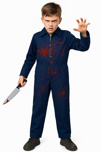 Moonlight Fright 3pc Kids Boiler Suit Serial Killer Halloween Costume Boys and Girls - Childs Horror Outfit with Navy Blue Boiler Suit, Fake Knife with Blood and Red Fake Blood Tube (7-9 Years)