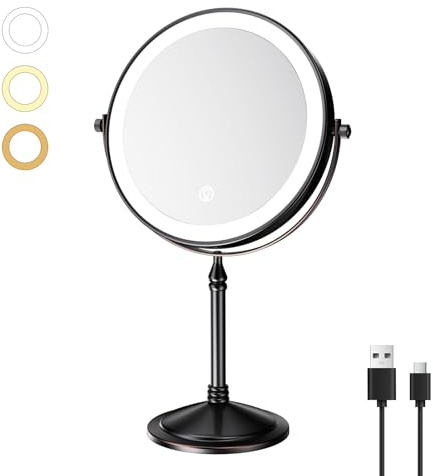 Nicesail Miroir Grossissant sur Pied Noir Bronze x10 - Miroir Maquillage Lumineux - Miroir de Table Rétro - Rechargeable - Trois Couleurs de Lumière - Salle de Bain,Diamètre 20cm