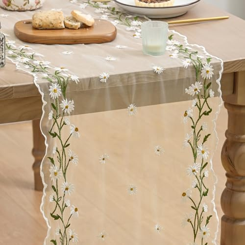 Artoid Mode Gänseblümchen Aprikose Tüll mit Stickerei Frühling Tischläufer 40x300 cm, Küche Tisch Dekoration Drinnen Urlaub Party Dekor