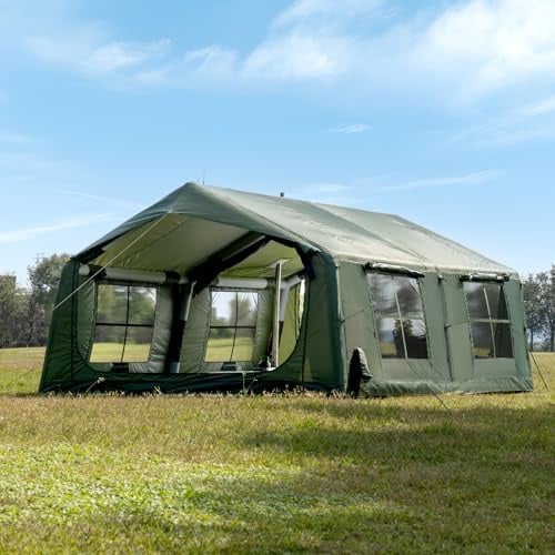 Inflatable Camping Tent with Hand Pump, Easy Assemble Waterproof Windproof Outdoor Inflatable Camping Tent for 4-12 Person Oxford Glamping