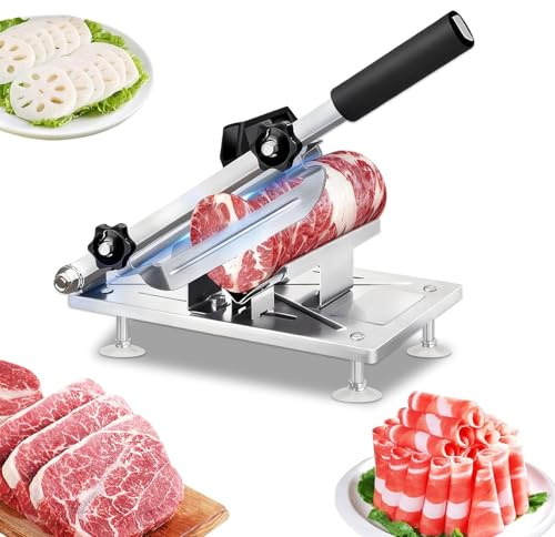 Professional Stainless Steel Manual Food Slicer with Adjustable Thickness Control, Built-in Safety Guard, Non-Slip Base for BBQ and Hot Pot, Model SS-FS1000