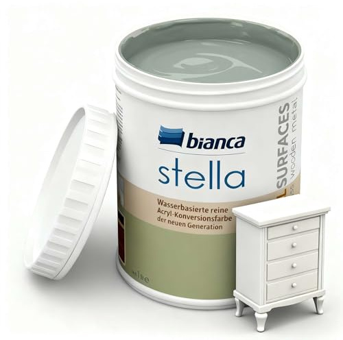 Bianca Stella Möbelfarbe Ohne Schleifen - Wasserbasierter Parfümierter Möbellack für Holz, Küchenschrank, Tisch, Stuhl - Nebelgrün, Glänzend, Holzfarbe Innen & Außen, Hochdeckend, Kratzfest, 1L