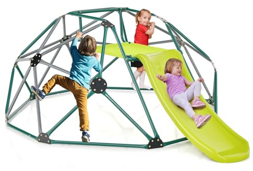 GOPLUS Klettergerüst, Kletterturm mit Rutsche, Kletterkuppel mit Stoffplattform & Glatte Kanten, Spielgerüst für Krabbeln & Klettern, Outdoor & Indoor Spielplatz für Kinder ab 3 Jahren (Grün+Grau)