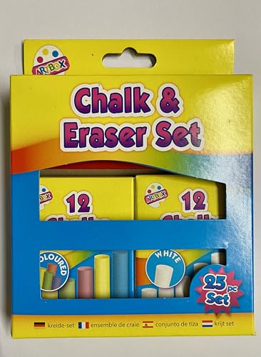 A&D Chalk and Duster Set, 24 Multicoloured Chalk, Eraser Included
