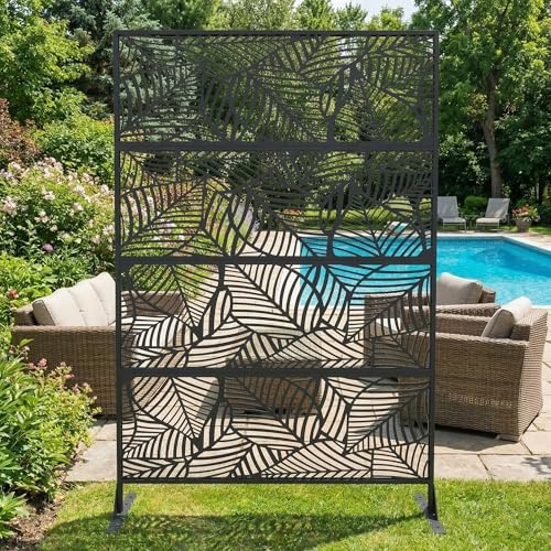 Sichtschutz Metall, Freistehender Paravent 180x120 cm, Wetterfester Sichtschutz Für Garten Terrasse Balkon Outdoor Deko, Raumteiler Mit Ständer, Verzinkter Stahl, Blatt Schwarz