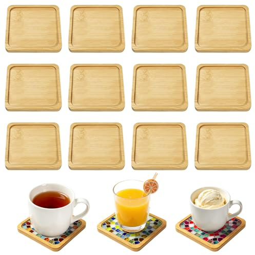 12 PCS Wooden Coasters, 9cm Square Mosaic Tiles Bamboo Tray Cup Coasters, Small Wooden Tray for Coffee Candles Drink DIY Crafts Table Decor Plant Coaster Art Plate (Mosaic Tiles Not Included)