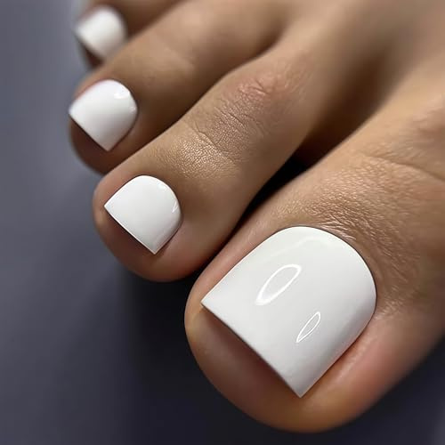 Radiella 24 pièces faux ongles de pied blancs à coller, courts carrés, ongles de pied artificiels brillants, autocollants, press on pour été vacances plage