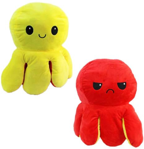 BEMIRO Wendebarer Oktopus Plüsch, Gelb und Rot, XXL 60 cm, Kawaii Design, Kuscheltier mit Zwei Stimmungen