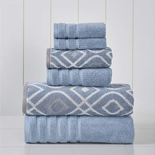 Amrapur Overseas Modern Threads Handtuch-Set, 6-teilig, garngefärbt, Oxford-Streifen, Jacquard, einfarbig, ultraweich, 500 g/m², 100% gekämmte Baumwolle, Blau