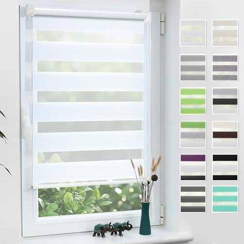 Grandekor Doppelrollo Klemmfix ohne Bohren Weiß 65x150cm(Stoffbreite 61cm) Fenster Rollos für innen Klemmrollos Duo Rollos für Fenster ohne Bohren mit Bohren Privatschutz UV-Schutz Zebrarollo