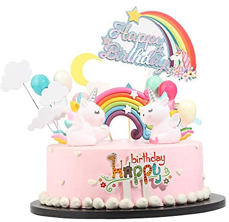 Unicorn Birthday Cake Topper, 23pcs Cake Topper Kit Unicorn Rainbow Clouds Balloons Happy Birthday Cake Decorations Party Supplies (2A)