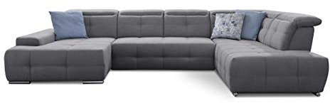 Cavadore Wohnlandschaft Mistrel mit verstellbaren Kopfteilen / U-Form Sofa mit leichter Fleckentfernung dank Soft Clean / Geeignet für Haushalte mit Kindern, Haustieren /343 x 77 x 228 / grau