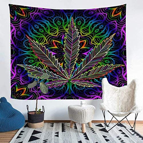 Loussiesd Marihuana Blatt Wandbehang für Männer Erwachsene Cannabis Leaves Tapisserie Marihuana Weed Leaf Drucken Wandteppich 148x200cm Tapisserie Psychedelic Colourful Leaf