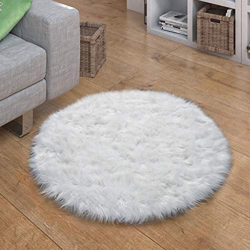 Paco Home Tapis Fausse Fourrure Coussin Coeur Rond Différentes Formes, Blanc, Dimension:60 cm Rond