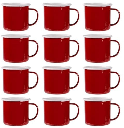 Argon Tableware Coloured Mugs - 375ml - Pack of 12 - Red Metal Insulated Coffee Mugs Lightweight Camping Cups for Drinking Tea, Hot Chocolate, Coffee