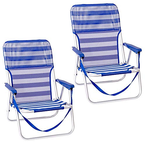 LOLAhome Pack 2 Sillas Playa Plegables | Ligera Portátil | Baja y Posición Fija | para Camping Piscina, Terraza o Jardín o Exterior Azul y Blanco
