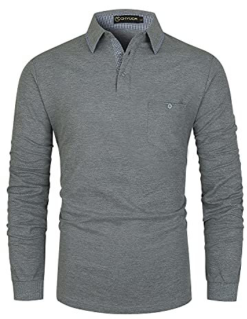 GHYUGR Men's Polo Shirt Long Sleeve Plaid Splice Collar Golf Tennis T-Shirt,Grey,XL