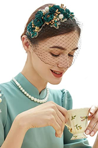 BABEYOND Fascinator aus den 1920er-Jahren, Netzschleier, Stirnband, Brautschmuck, Hochzeit, Teeparty, Fascinator, Schleier für Damen, dunkelgrün, Einheitsgröße