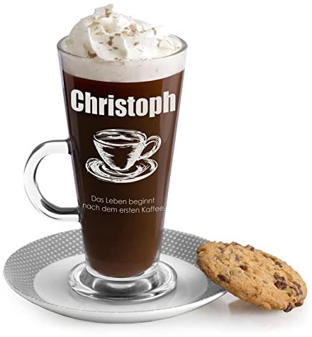 Maverton Kaffee Glas mit Gravur 360 ml - Latte Macchiato Tasse mit Griff - Cappuccino Glas - Kaffee Zubehör - Kaffeetasse für Männer zum Geburtstag - personalisiert - Name