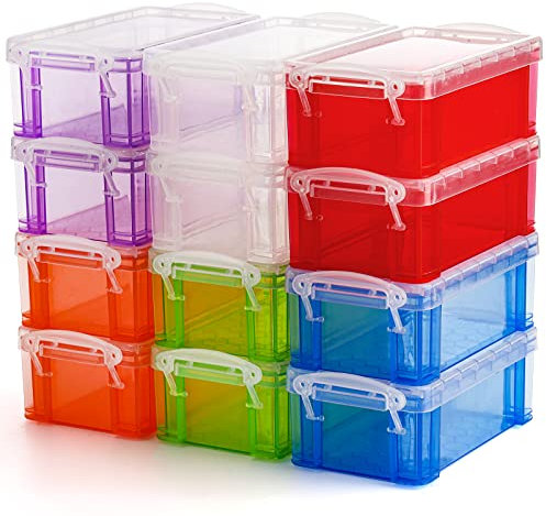 Hiceeden 12 Pack Small Plastic Storage Box with Lid, 13.5×7.5×5cm Stackable Clear Latch Storage Case Bins Organizer Container for Craft Items, Jewelry Beads, 6 Colors