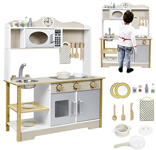 Kinderküche mit Spielzeug Herdplatten Spüle Backofen Topf und Kochgeschirr Küchenhelfer Drehknöpfen Zubehör