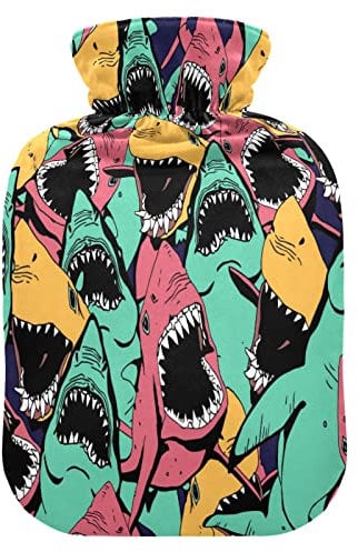 Colorful Sea Ocean Shark Hot Water Bottle with Cover, 1 L Transparent Hot Water Bag Hot Cold Compress, Great for Cramps Back Shoulder Pain Relief, Kids Men Women Hand Foot Warmer