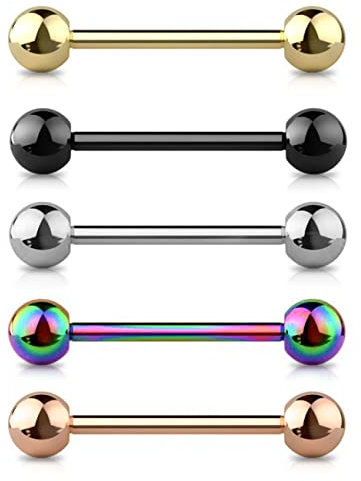 Jewel Barrel Lot de 5 piercings de langue en acier chirurgical 14G (1,6 mm) pour piercing de langue et de téton - 12-16 mm avec boules à visser de 4/5/6 mm - Argent, or, noir, rose, arc-en-ciel, Acier