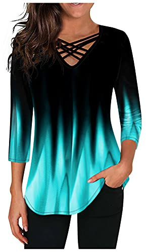 Oberteile Damen Elegant Langarmshirt Pullover Sexy V-Ausschnitt Kreuz Bandgae Oberteile Langarm T Shirt Große Größen Gradient Farbig Lockere Lässiges Longshirt Tunika Top Blusen & Tuniken für Frauen