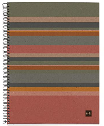 Miquelrius - 100 Prozent recyceltes Notizbuch, 4 farbige Streifen, A4, 120 linierte Blätter 7 mm, 80 g Papier, 4 Löcher, Einband aus recycelter Pappe, Öko-Streifendesign