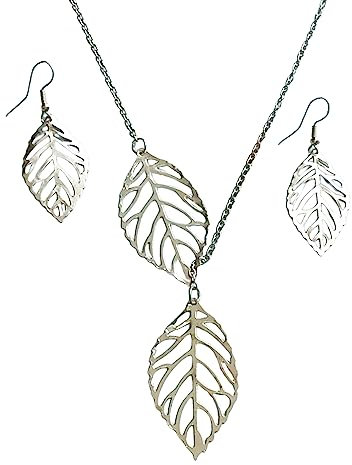 Dishowme Leaf Necklace Earrings Set 3Pcs Lariat Leaf Pendant Necklace Hollow Feather Jewelry for Women Girls (Silver)
